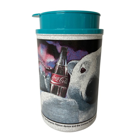 Vintage 1995 Coca-Cola Polar Bear Perkins Travel Mug Whirley Teal Lid 1990s 6in